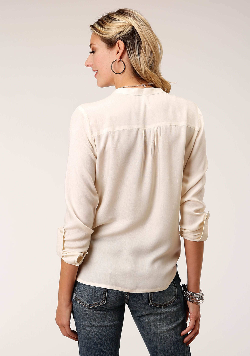 Roper Womens Long Sleeve Cream Solid Rayon Challis Blouse - Roper - Flyclothing LLC
