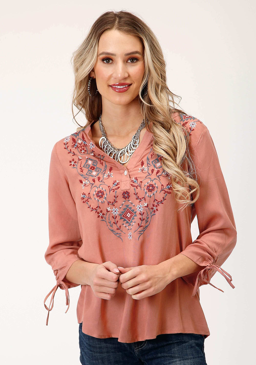 Roper Womens Long Sleeve Dk Coral Solid Rayon Peasant Blouse - Roper - Flyclothing LLC