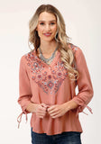 Roper Womens Long Sleeve Dk Coral Solid Rayon Peasant Blouse - Roper - Flyclothing LLC