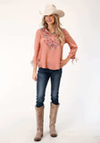 Roper Womens Long Sleeve Dk Coral Solid Rayon Peasant Blouse - Roper - Flyclothing LLC
