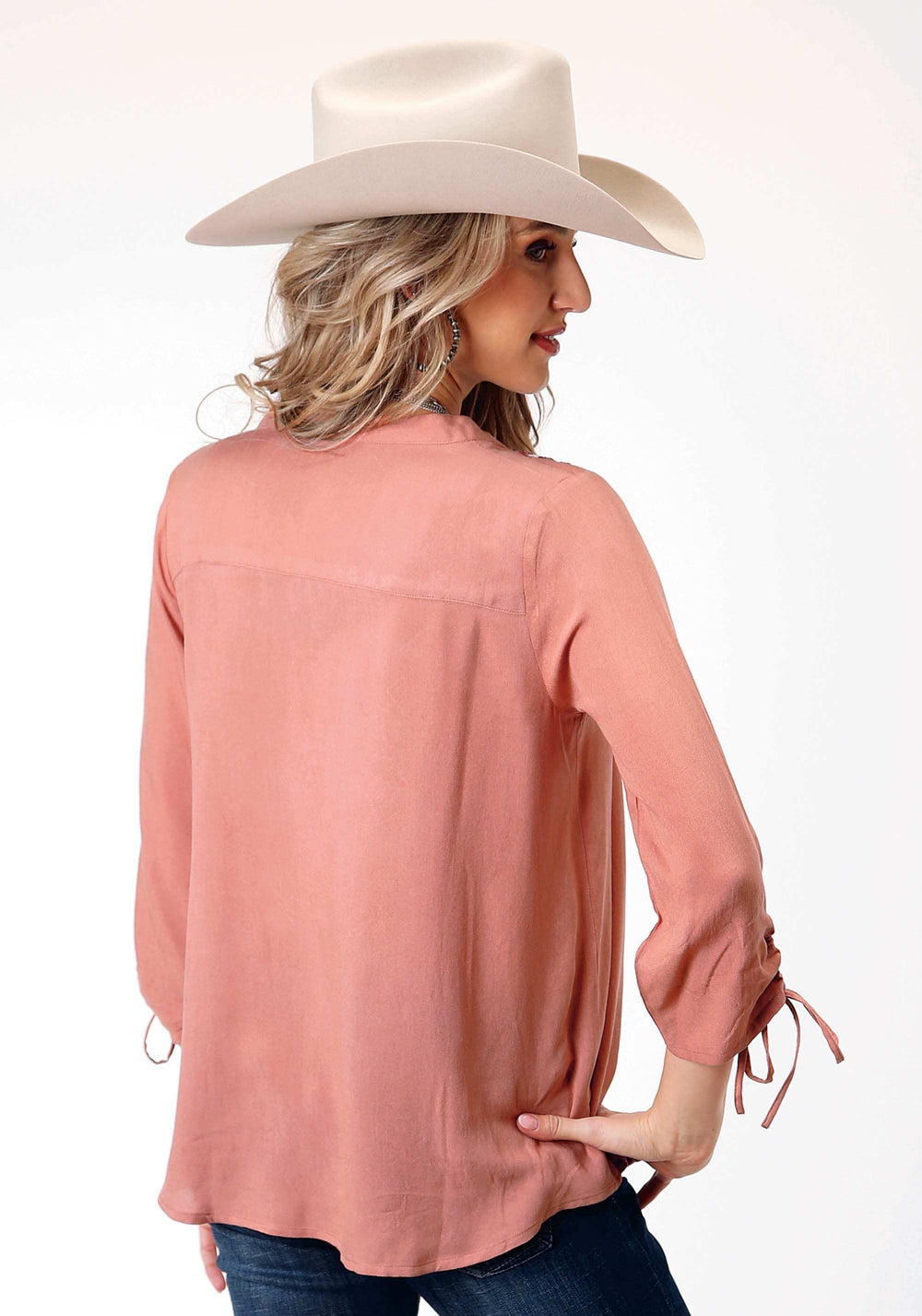 Roper Womens Long Sleeve Dk Coral Solid Rayon Peasant Blouse - Roper - Flyclothing LLC