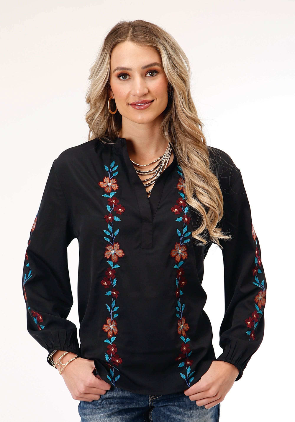 Roper Womens Long Sleeve Black Poly Vneck Peasant Blouse - Roper - Flyclothing LLC
