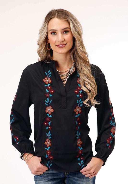 Roper Womens Long Sleeve Black Poly Vneck Peasant Blouse - Roper - Flyclothing LLC