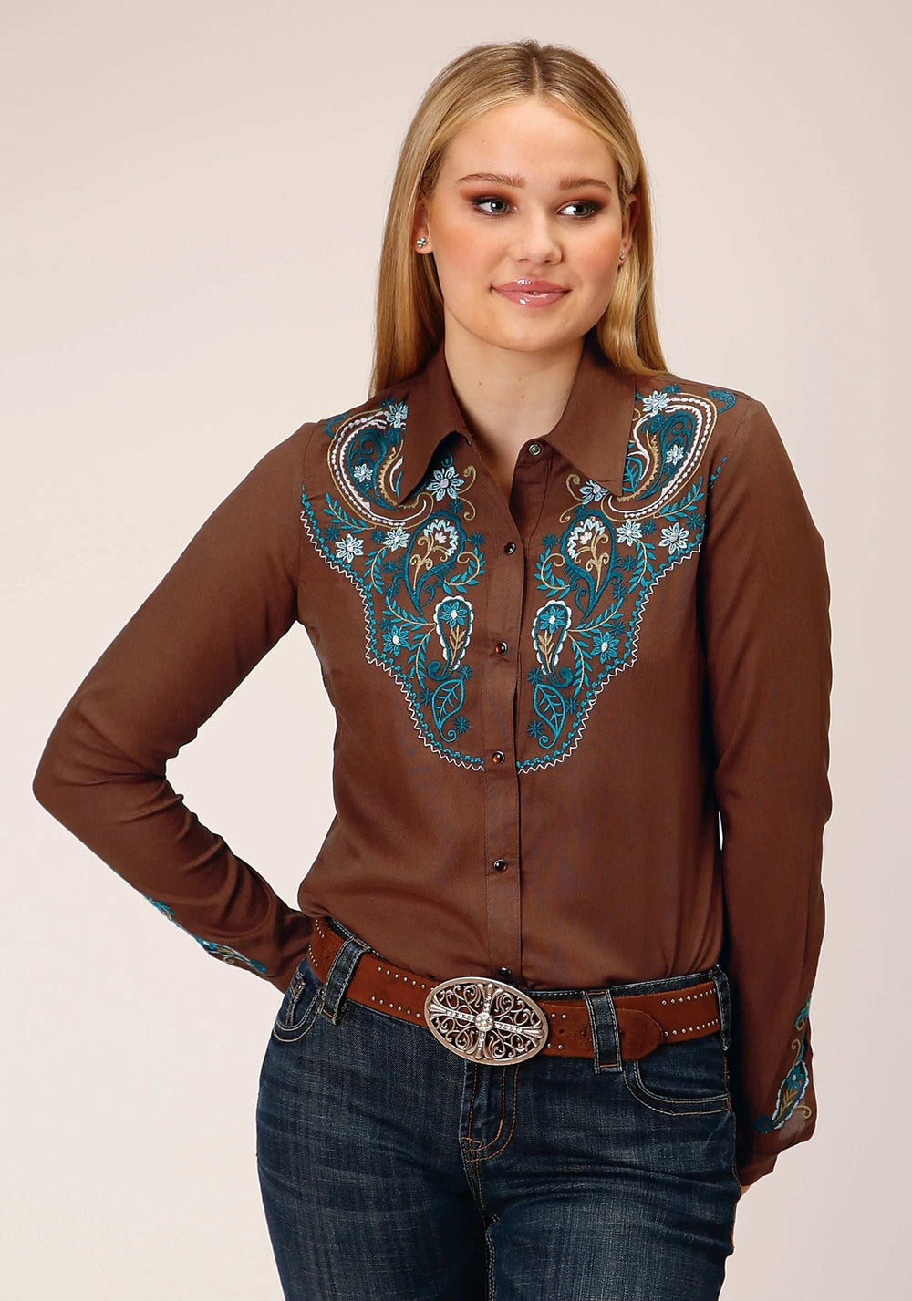 Roper Womens Long Sleeve Snap Solid Brown Rayon Shirt Western Shirt - Roper - Flyclothing LLC