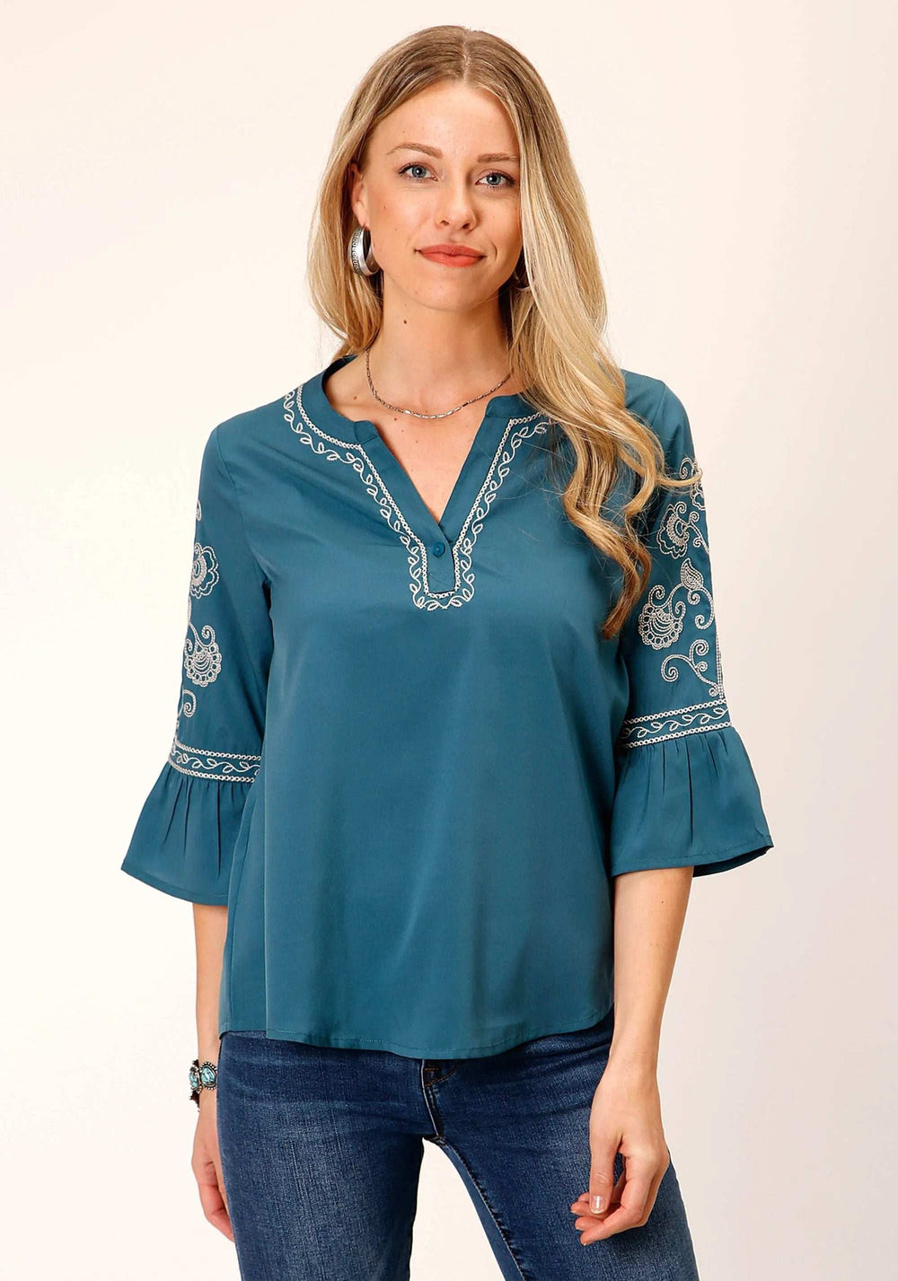 Roper Womens Long Sleeve Solid Teal Poly Peasant Blouse - Roper - Flyclothing LLC