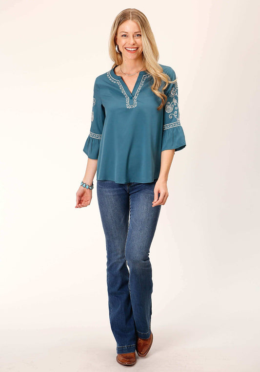 Roper Womens Long Sleeve Solid Teal Poly Peasant Blouse - Roper - Flyclothing LLC