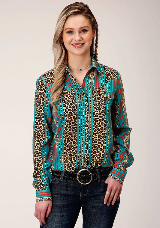 Roper Womens Long Sleeve Snap Leopard Stripe Print Rayon Western Shirt - Roper - Flyclothing LLC