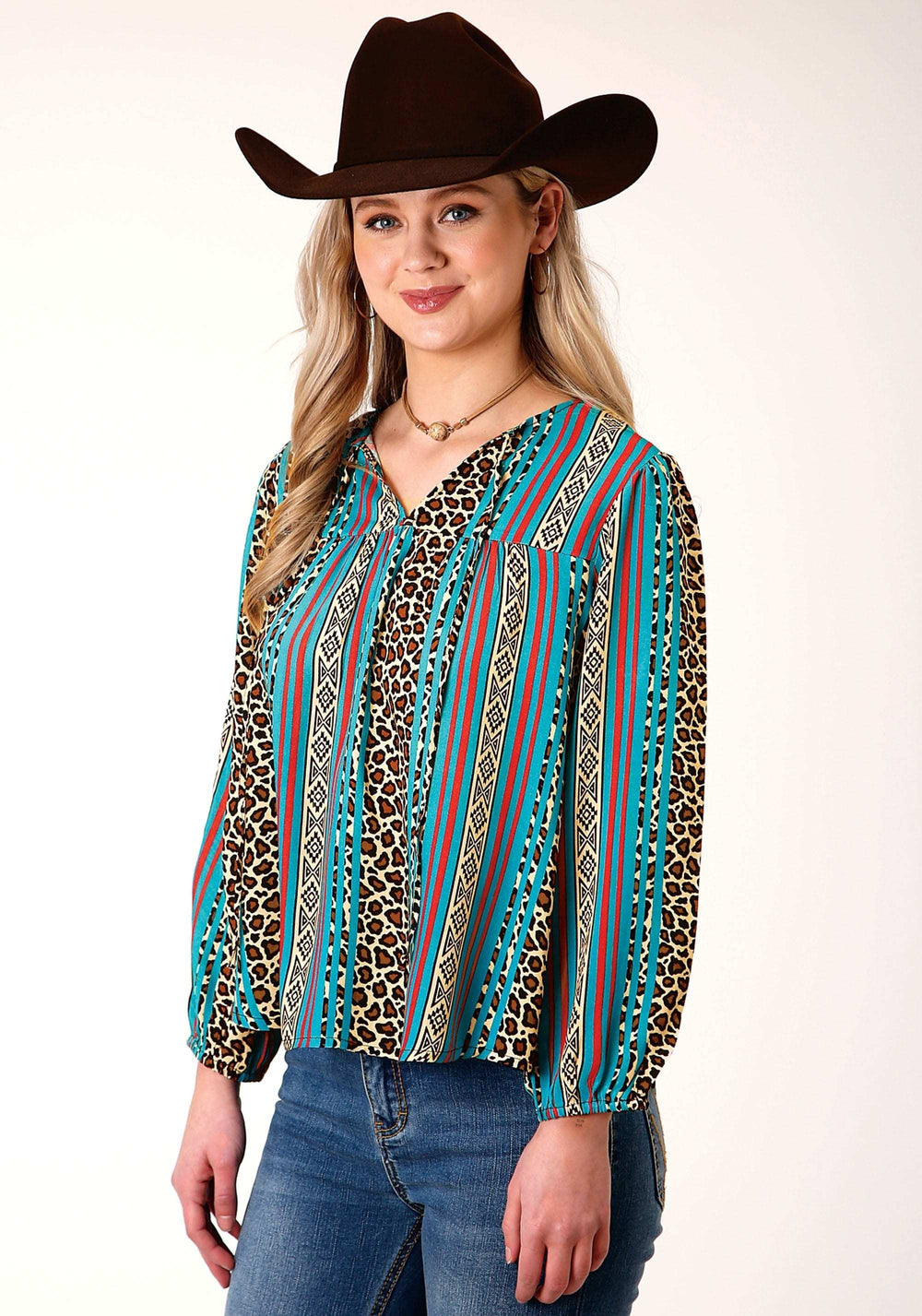 Roper Womens Long Sleeve Leopard Stripe Print Rayon Blouse - Roper - Flyclothing LLC