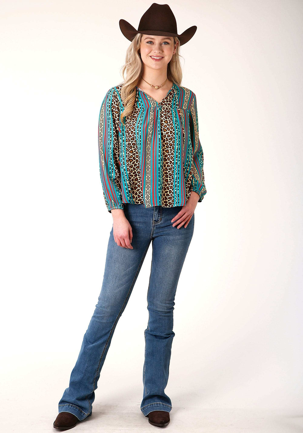 Roper Womens Long Sleeve Leopard Stripe Print Rayon Blouse - Roper - Flyclothing LLC