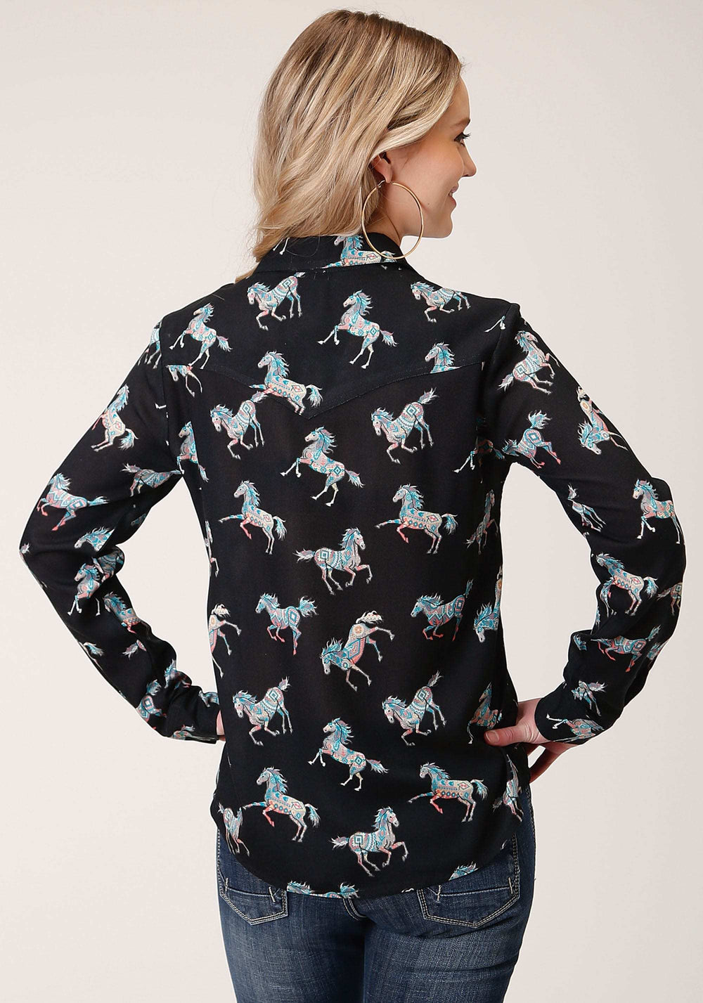 Roper Womens Long Sleeve Snap Wild Horse Print Rayon Long Sleeve Western Shirt - Roper - Flyclothing LLC
