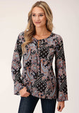 Roper Womens Long Sleeve Boho Paisley Print Poly Crepe Blouse - Roper - Flyclothing LLC