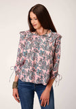 Roper Womens Long Sleeve Pink Paisley Print Vneck Top Blouse - Roper - Flyclothing LLC