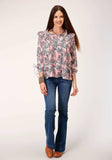 Roper Womens Long Sleeve Pink Paisley Print Vneck Top Blouse - Roper - Flyclothing LLC