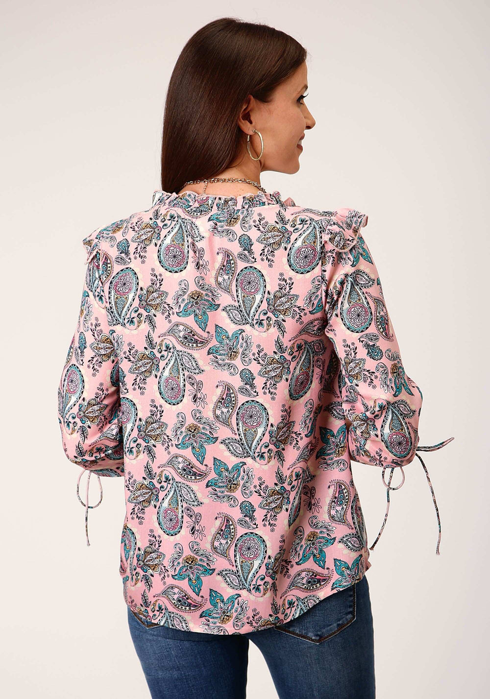 Roper Womens Long Sleeve Pink Paisley Print Vneck Top Blouse - Roper - Flyclothing LLC