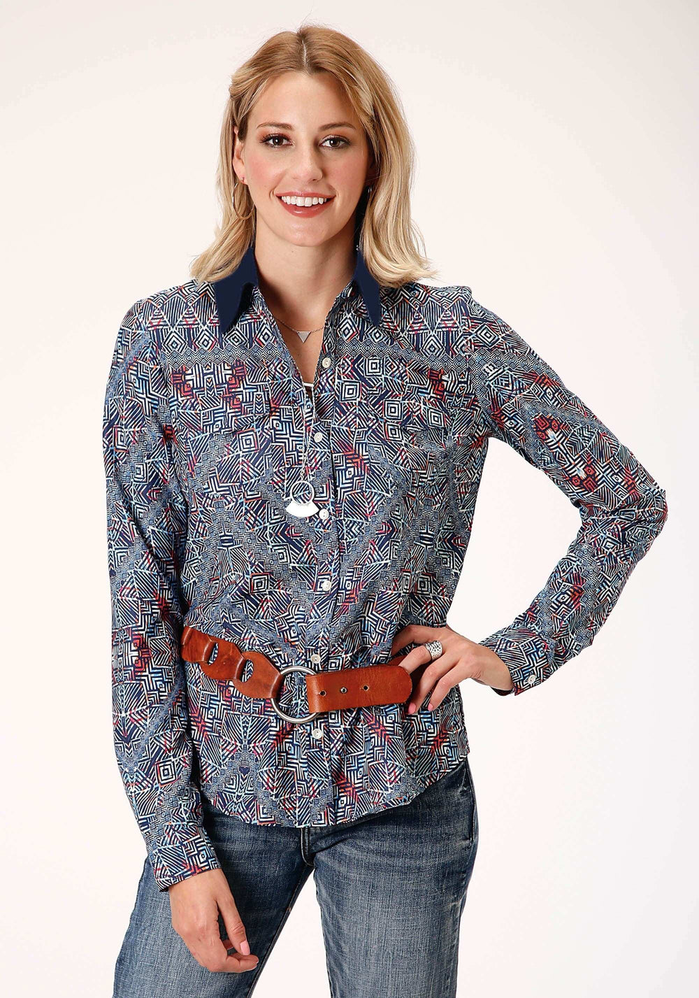 Roper Womens Long Sleeve Poly Crepe Tribal Border Print Blouse - Roper - Flyclothing LLC