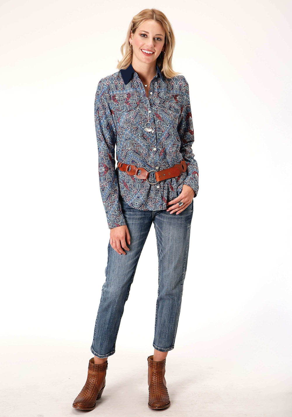 Roper Womens Long Sleeve Poly Crepe Tribal Border Print Blouse - Roper - Flyclothing LLC