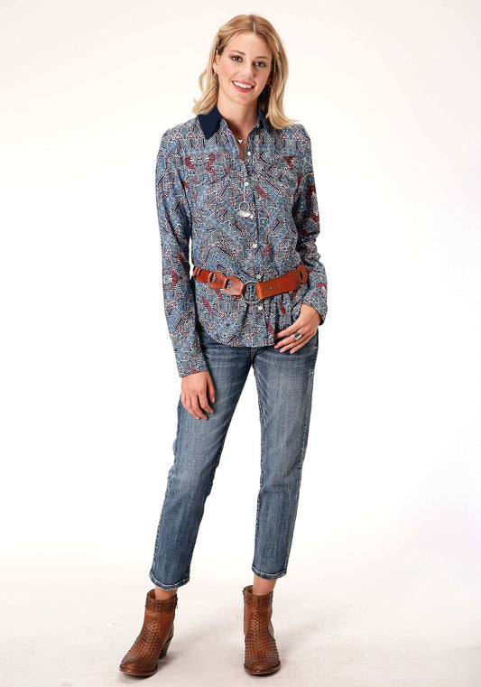 Roper Womens Long Sleeve Poly Crepe Tribal Border Print Blouse - Roper - Flyclothing LLC