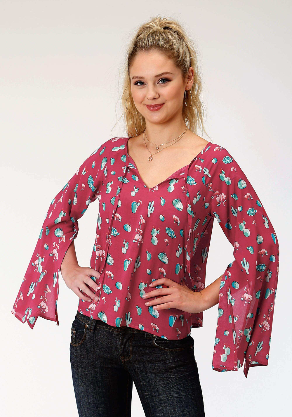Roper Womens Red And Turquoise Cactus Print Long Sleeve Western Shirt - Roper - Flyclothing LLC