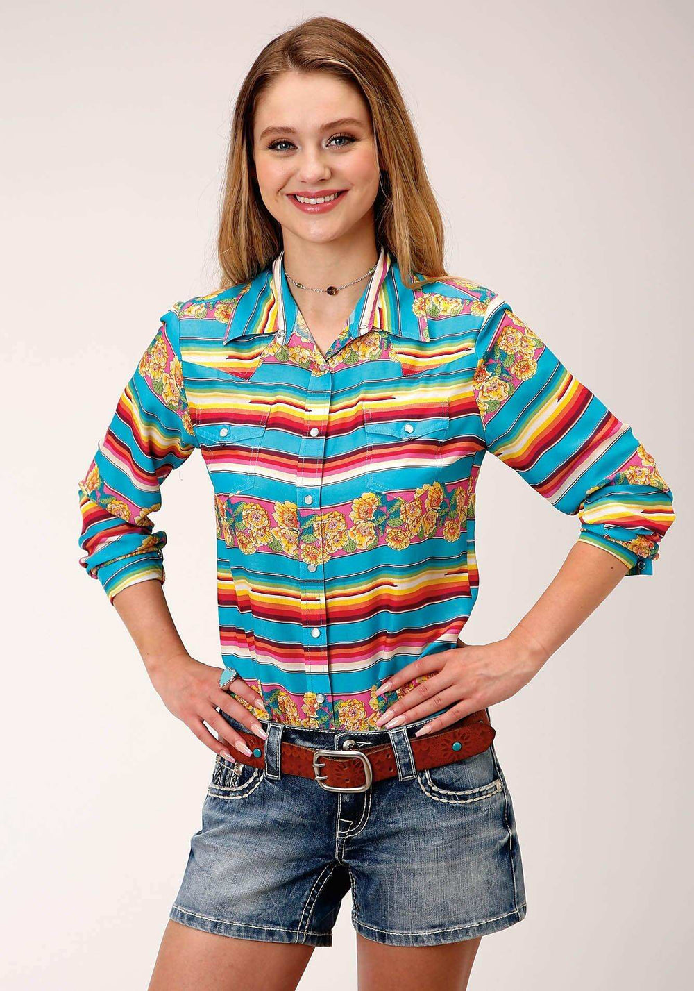 Roper Womens Blue Yellow And Red Serape Print Long Sleeve Western Shirt - Roper - Flyclothing LLC