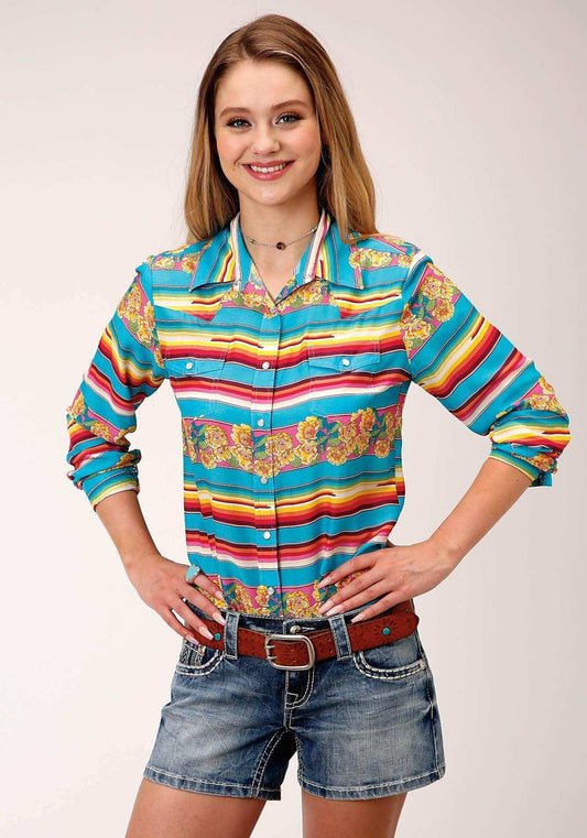 Roper Womens Blue Yellow And Red Serape Print Long Sleeve Western Shirt - Roper - Flyclothing LLC