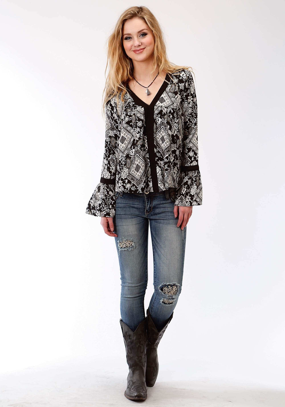 Roper Womens Black And White Diamond Floral Print Long Sleeve Western Shirt - Roper - Flyclothing LLC