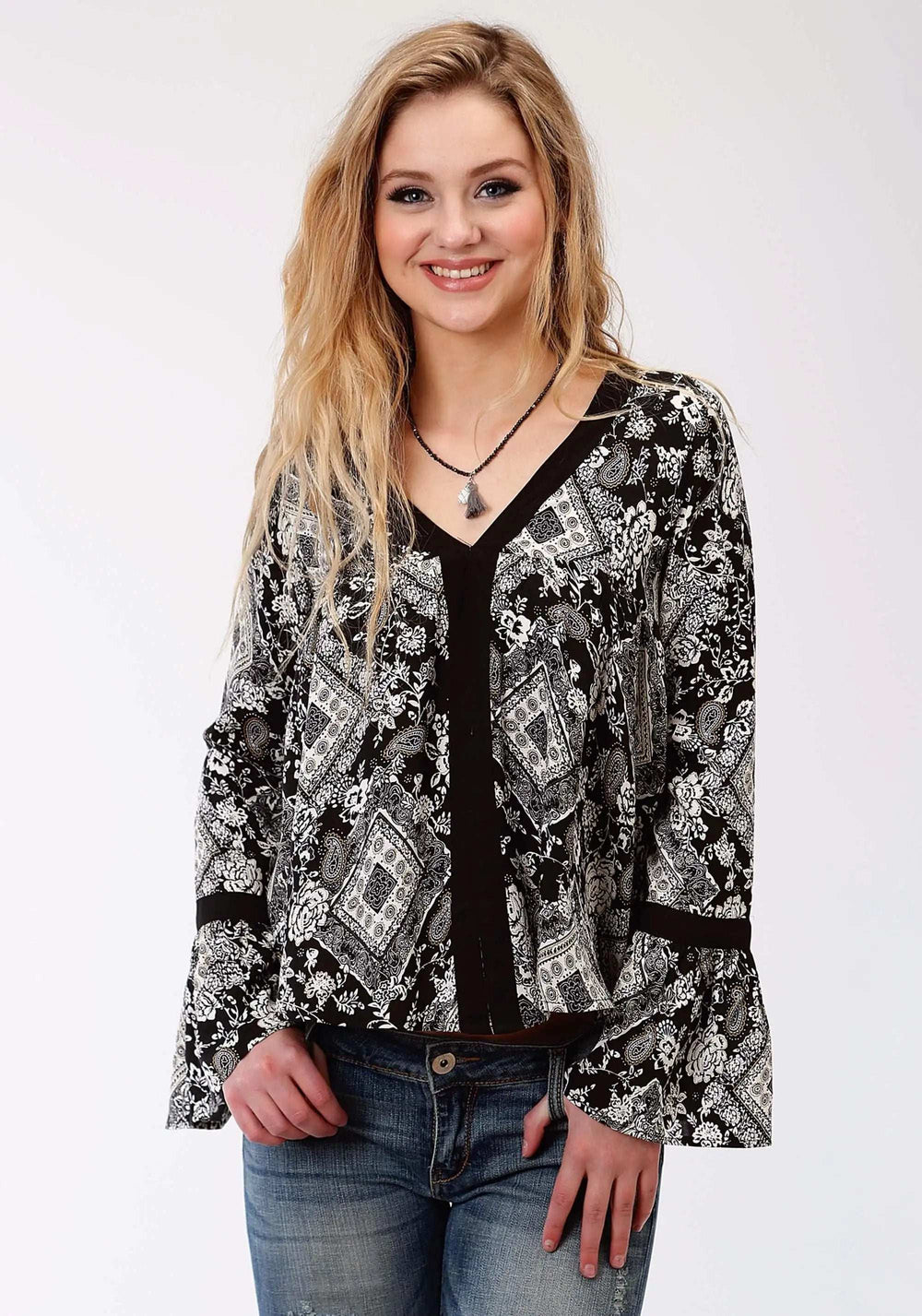 Roper Womens Black And White Diamond Floral Print Long Sleeve Western Shirt - Roper - Flyclothing LLC