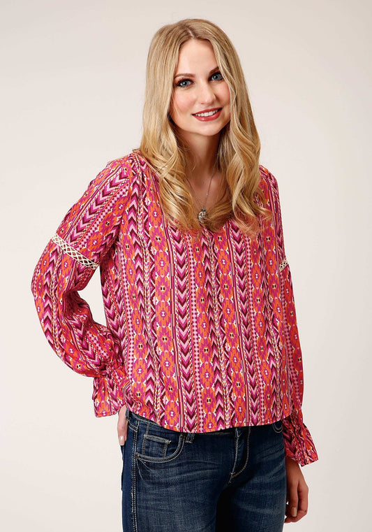 Roper Womens Long Sleeve Aztec Print Rayon Peasant Blouse - Roper - Flyclothing LLC
