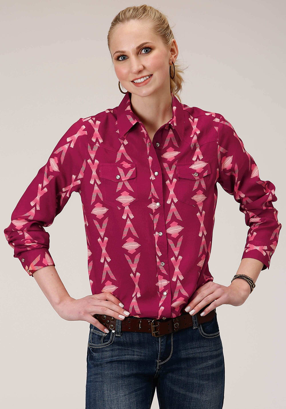 Roper Womens Long Sleeve Snap Wine Aztec Print Western Western Shirt - Roper - Flyclothing LLC