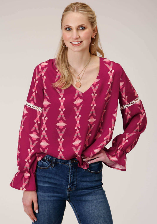 Roper Womens Long Sleeve Wine Aztec Print Peasan Blouse - Roper - Flyclothing LLC