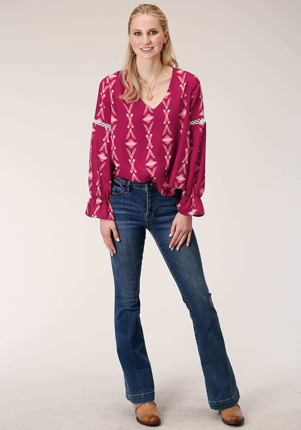 Roper Womens Long Sleeve Wine Aztec Print Peasan Blouse - Roper - Flyclothing LLC