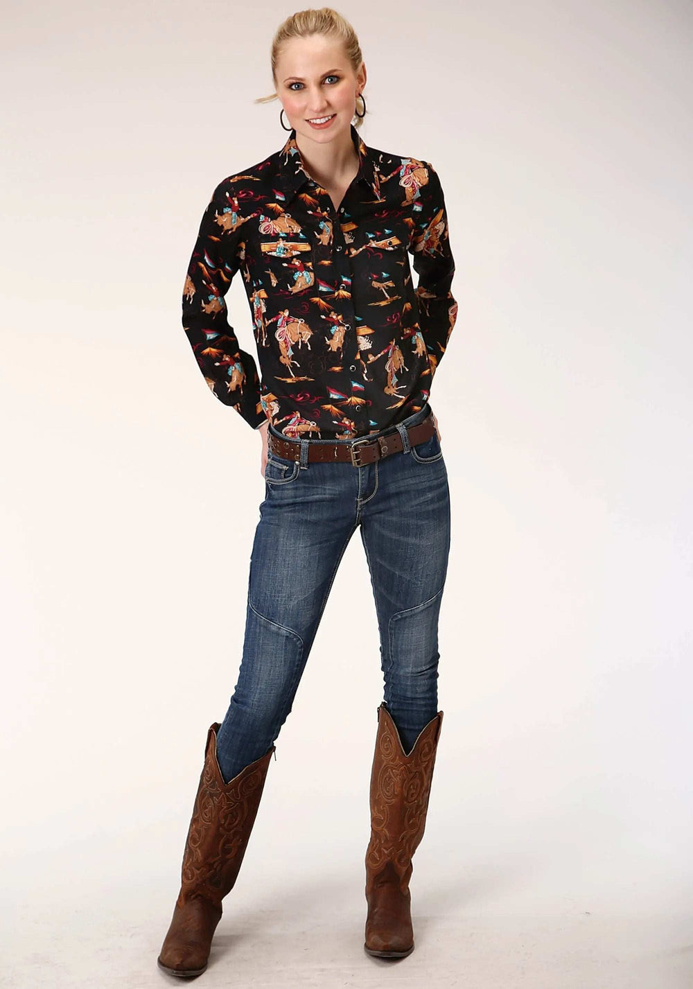 Roper Womens Long Sleeve Snap Retro Rodeo Print Western Shirt Western Shirt - Roper - Flyclothing LLC