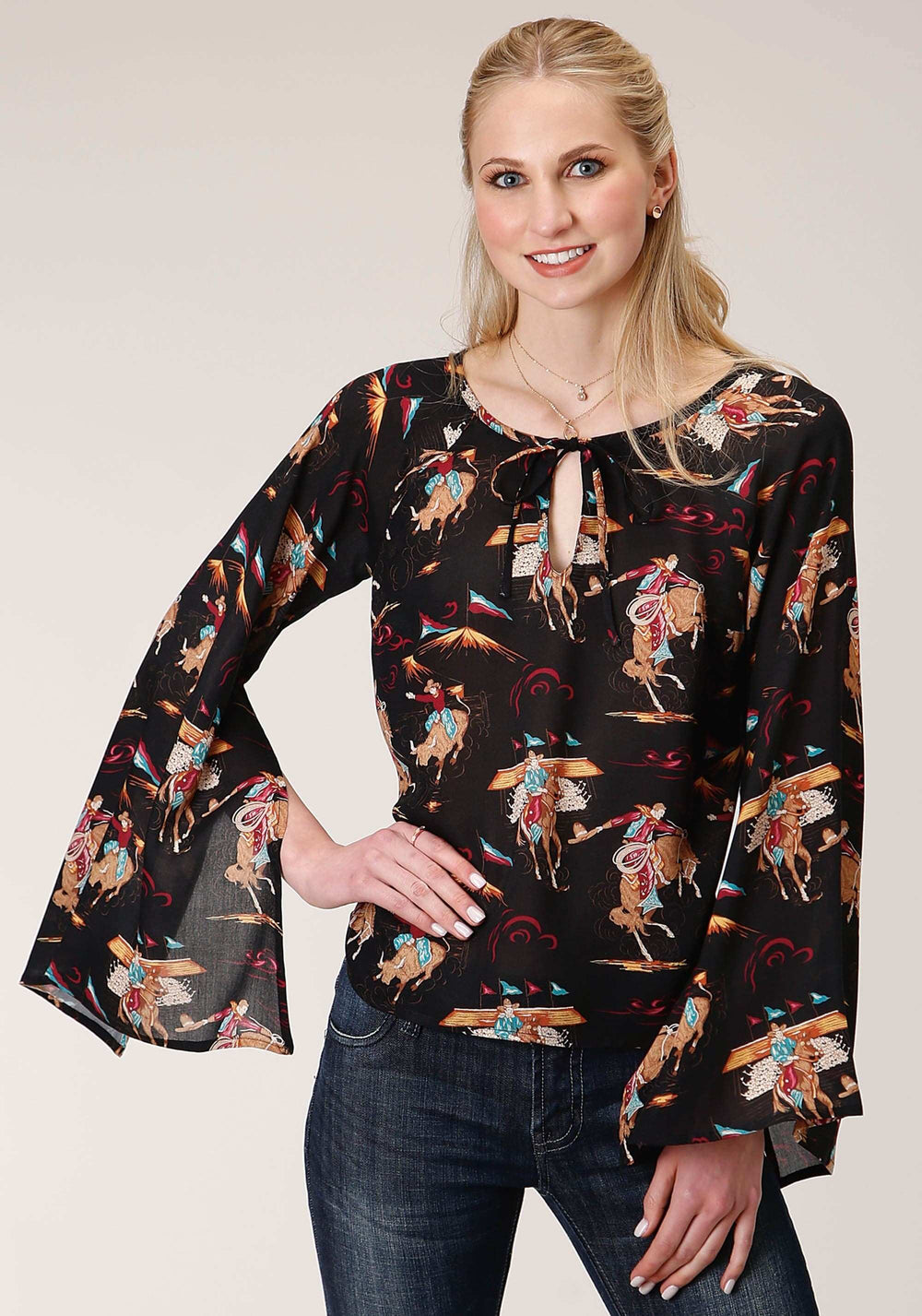 Roper Womens Long Sleeve Retro Rodeo Print Flowy Blouse - Roper - Flyclothing LLC