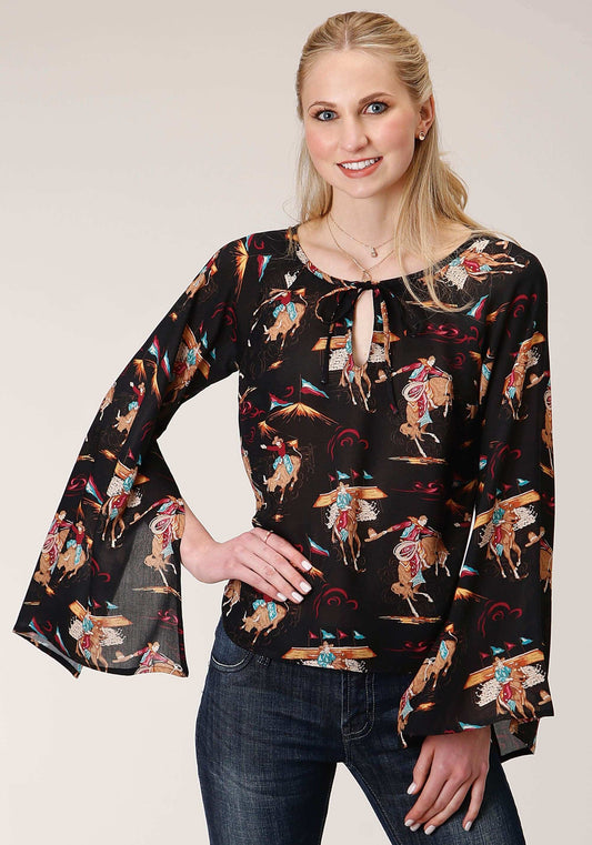 Roper Womens Long Sleeve Retro Rodeo Print Flowy Blouse - Roper - Flyclothing LLC