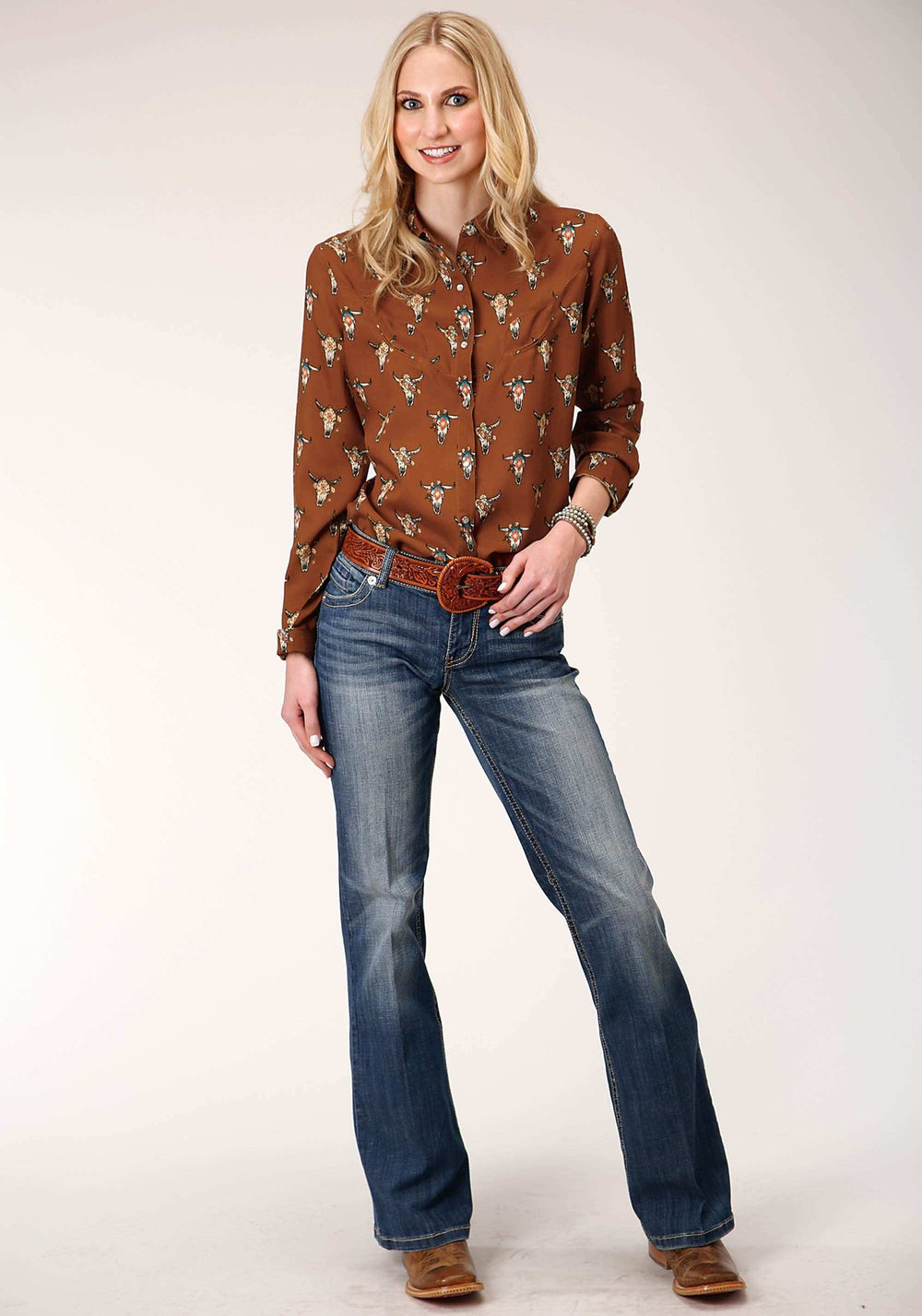 Roper Womens Long Sleeve Snap Cowskulls Print Long Sleeve Western Western Shirt - Roper - Flyclothing LLC