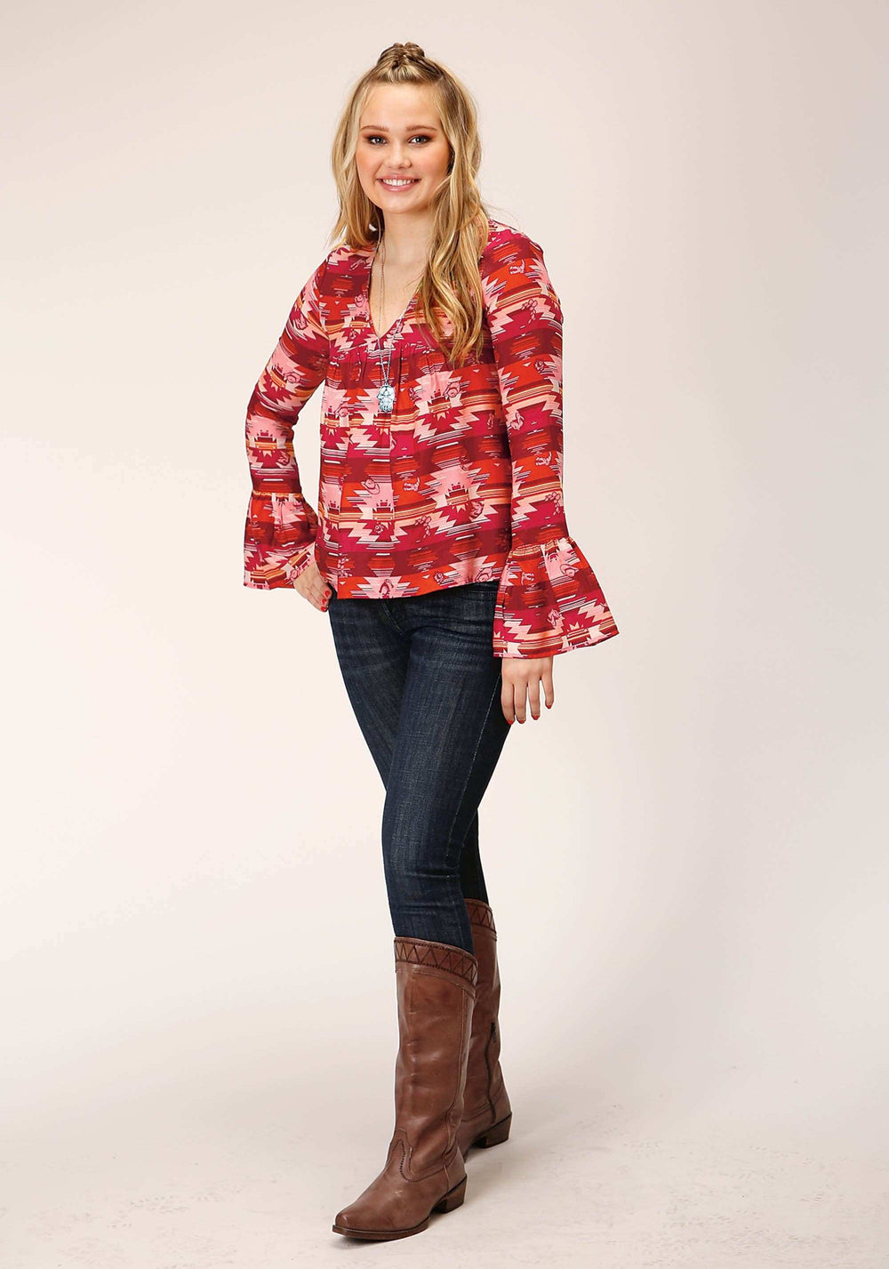 Roper Womens Long Sleeve Rayon Aztec Print Peasant Blouse - Roper - Flyclothing LLC