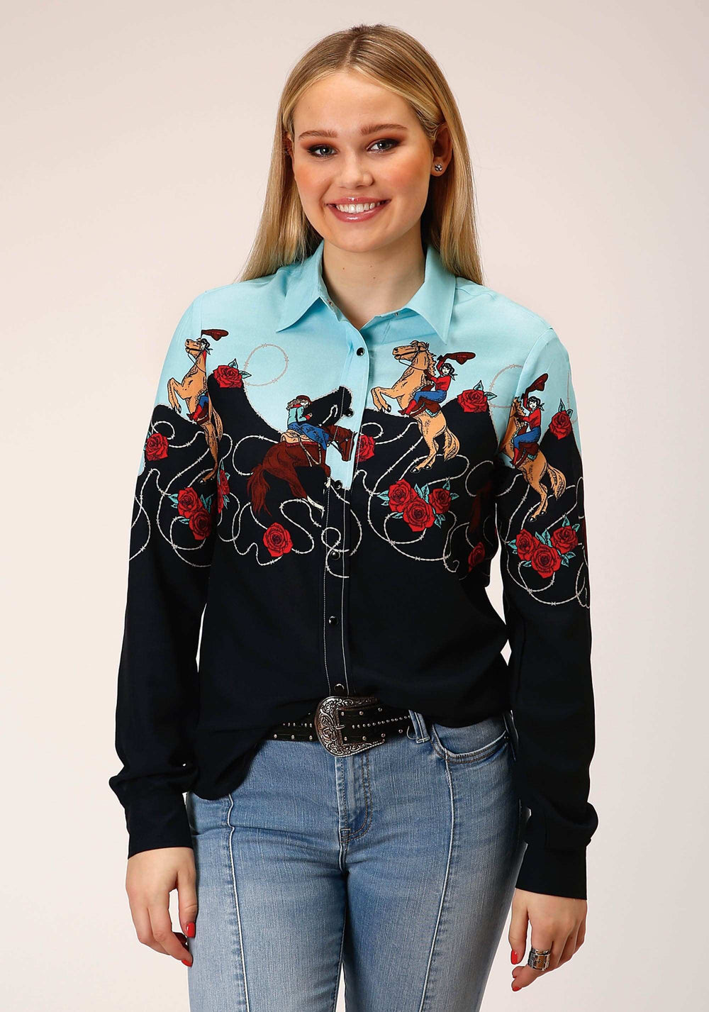 Roper Womens Long Sleeve Snap Cowgirl Border Printed Rayon Western Shirt - Roper - Flyclothing LLC