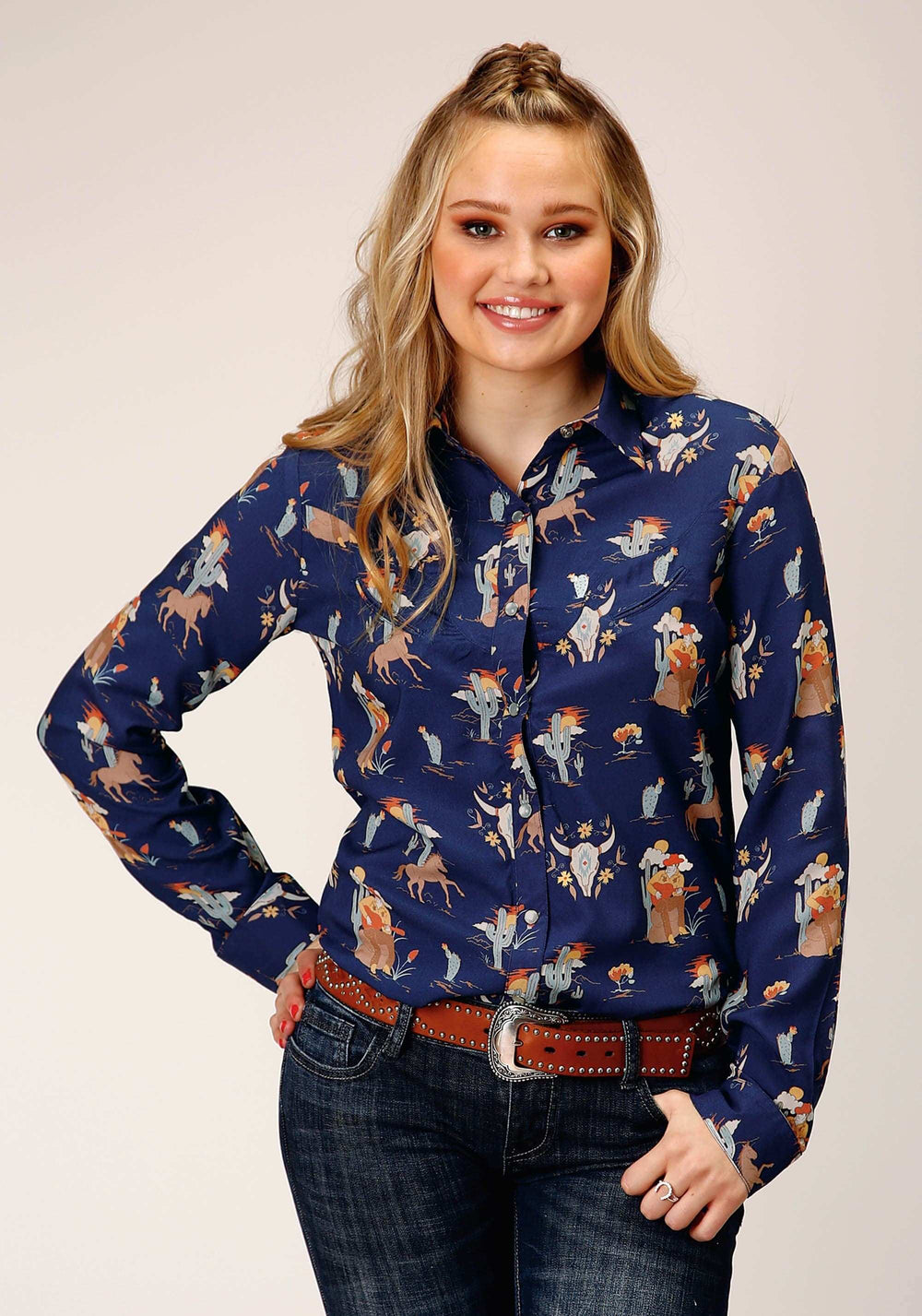 Roper Womens Long Sleeve Snap Cowboy Print Rayon Western Shirt - Roper - Flyclothing LLC