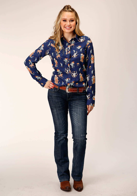 Roper Womens Long Sleeve Snap Cowboy Print Rayon Western Shirt - Roper - Flyclothing LLC