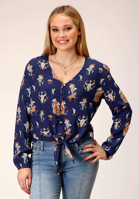 Roper Womens Long Sleeve Cowboy Print Rayon Blouse - Roper - Flyclothing LLC