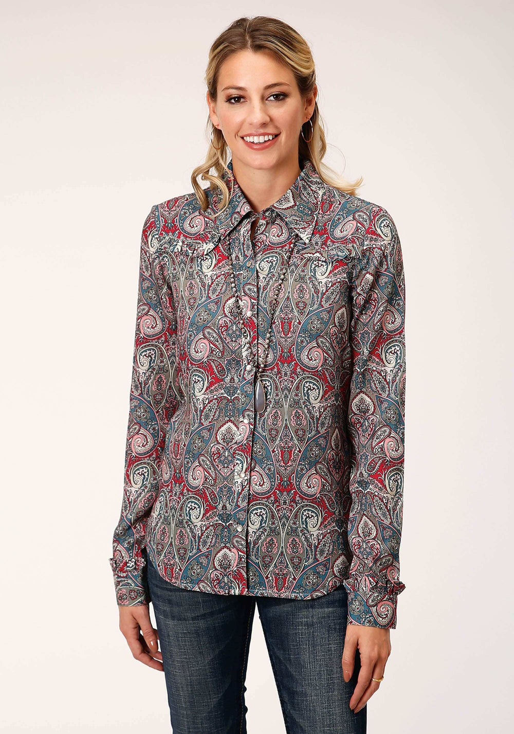 Roper Womens Long Sleeve Snap Sage Paisley Print Rayon Shirt Western Shirt - Roper - Flyclothing LLC