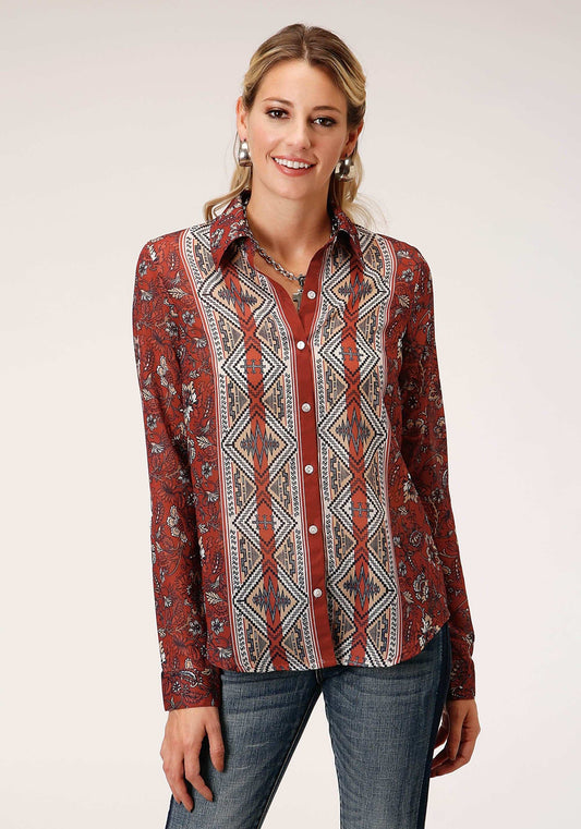 Roper Womens Long Sleeve Rust Floral Border Print Blouse - Roper - Flyclothing LLC