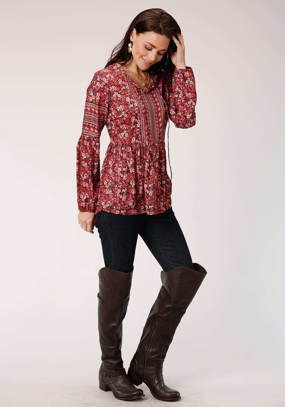 Roper Womens Red Floral Print Long Sleeve Western Shirt - Roper - Flyclothing LLC
