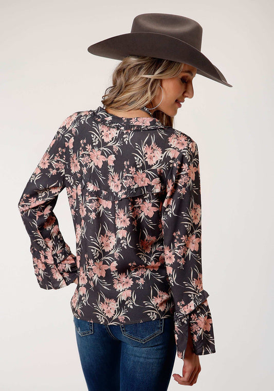 Roper Womens Long Sleeve Coral Floral Print Peasant Blouse - Roper - Flyclothing LLC