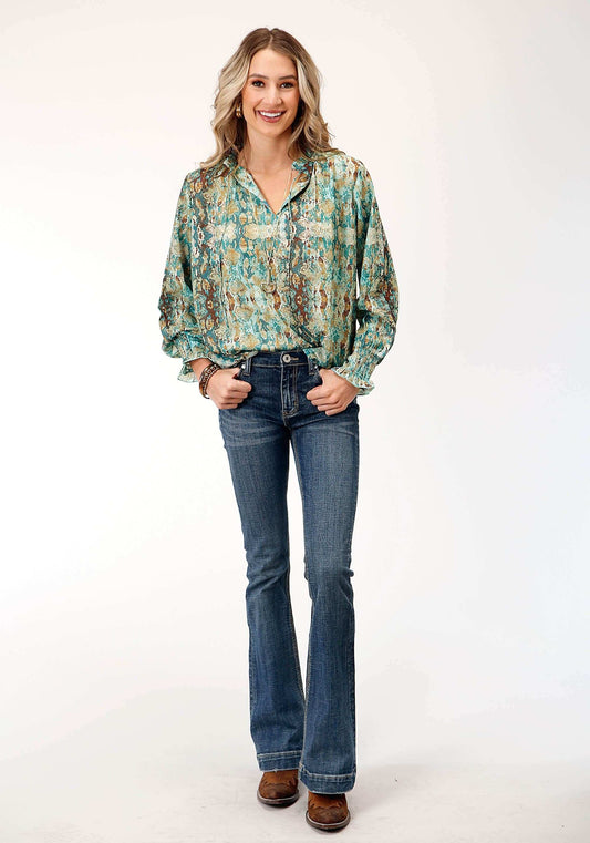 Roper Womens Long Sleeve Poly Teal Snake Print Blouse - Roper - Flyclothing LLC