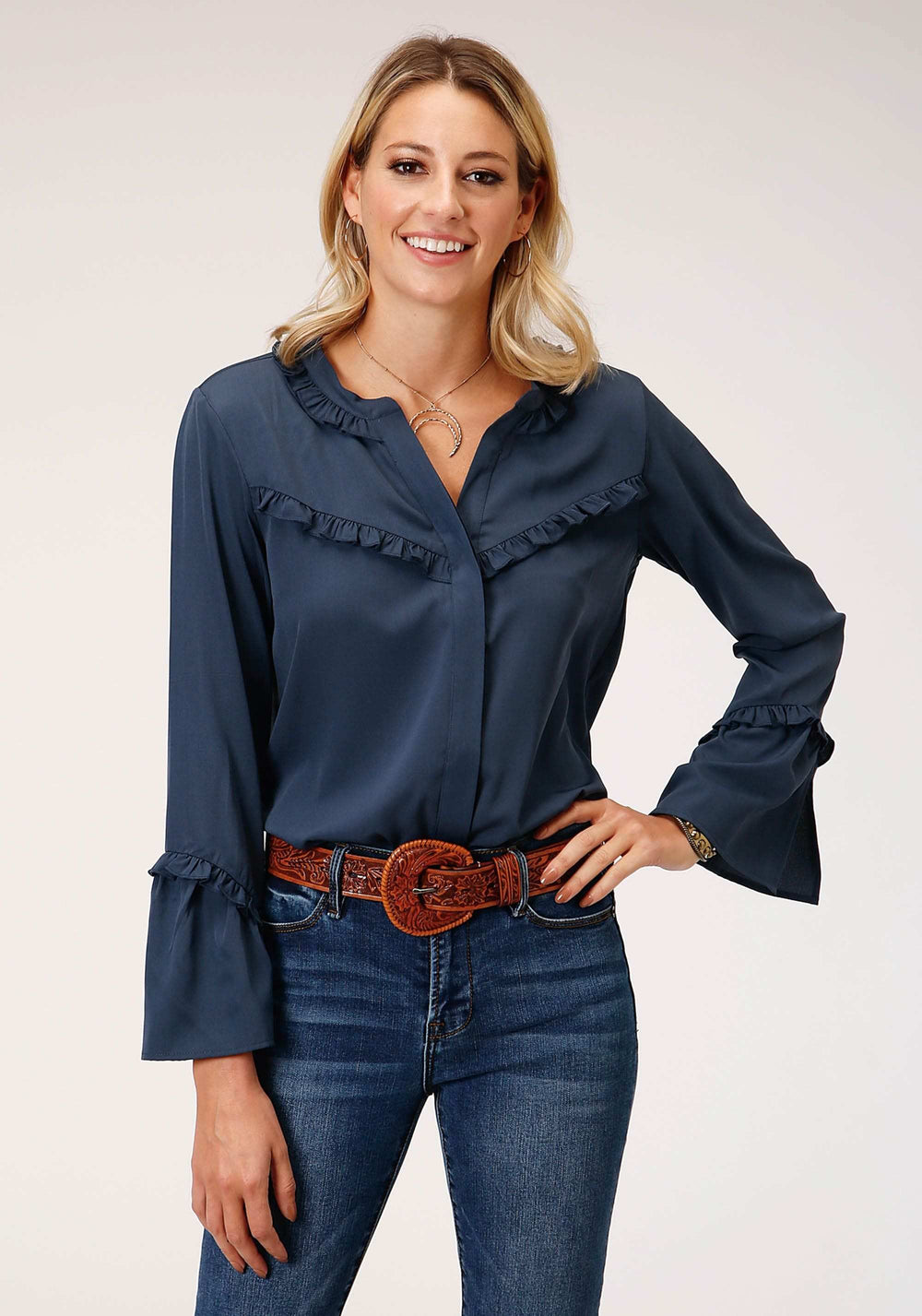 Roper Womens Long Sleeve Navy Poly American Crepe Blouse - Roper - Flyclothing LLC