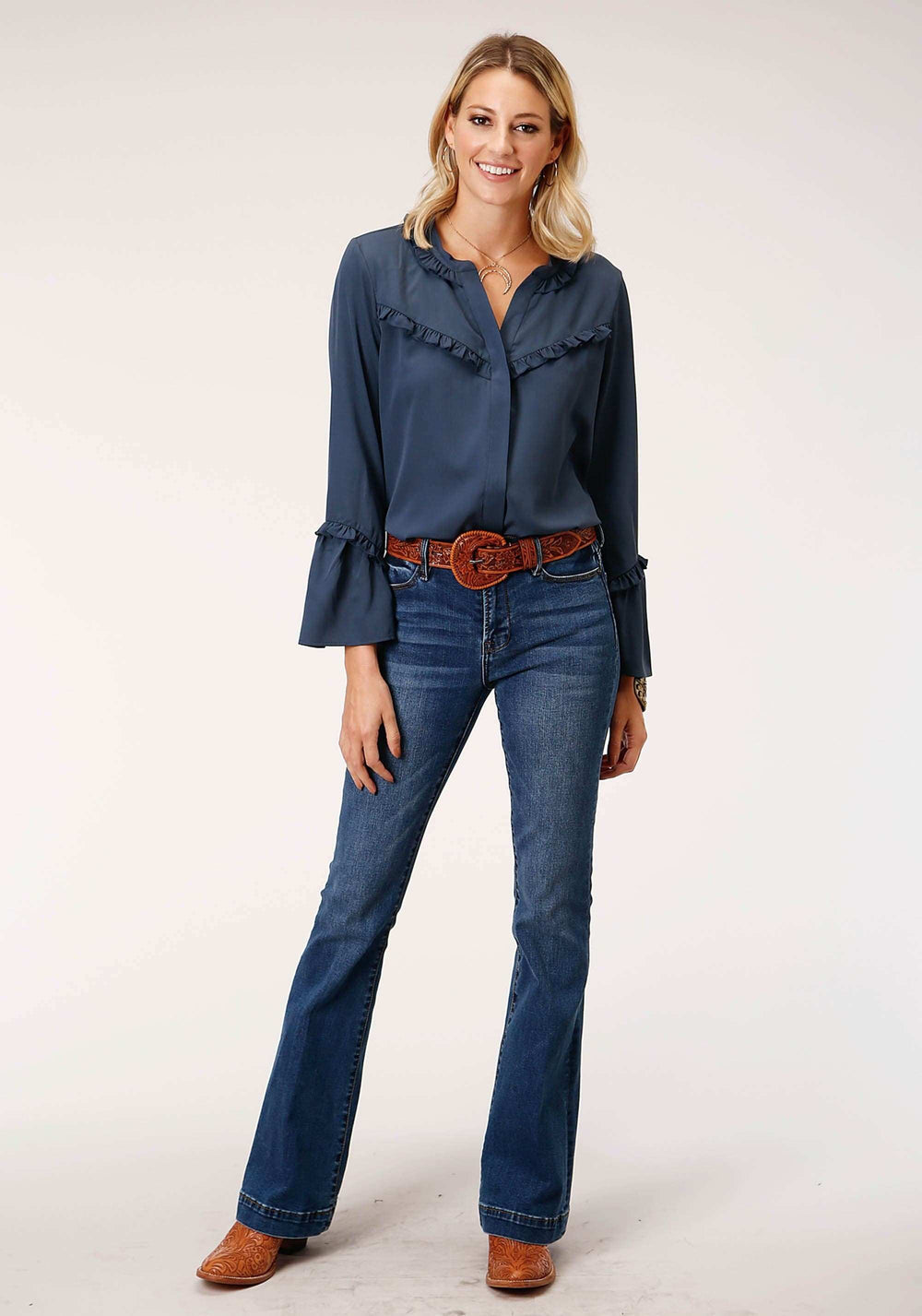 Roper Womens Long Sleeve Navy Poly American Crepe Blouse - Roper - Flyclothing LLC