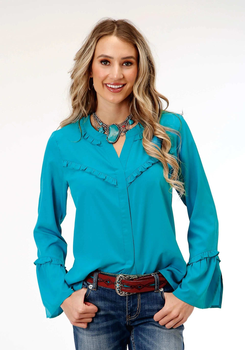 Roper Womens Long Sleeve Dk Turquoise Poly Peasant Blouse - Roper - Flyclothing LLC