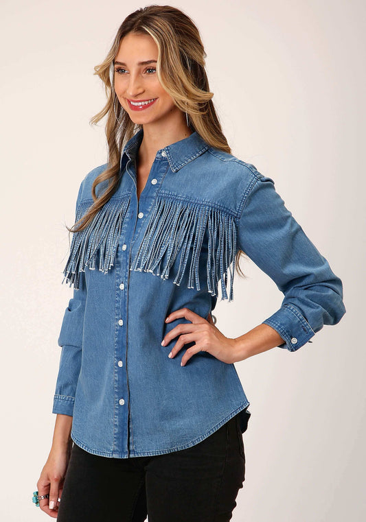 Roper Womens Long Sleeve Medium Blue Denim Long Sleeve Wstn Shirt Blouse - Roper - Flyclothing LLC