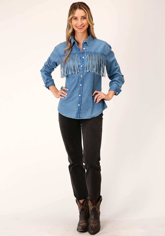 Roper Womens Long Sleeve Medium Blue Denim Long Sleeve Wstn Shirt Blouse - Roper - Flyclothing LLC