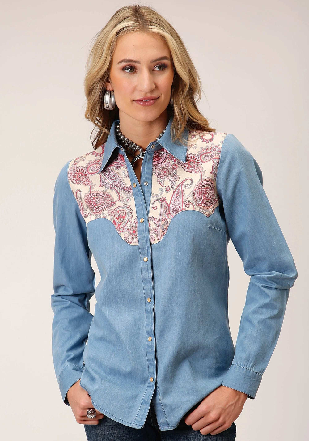 Roper Womens Long Sleeve Snap Denim Retro Shirt Western Shirt - Roper - Flyclothing LLC